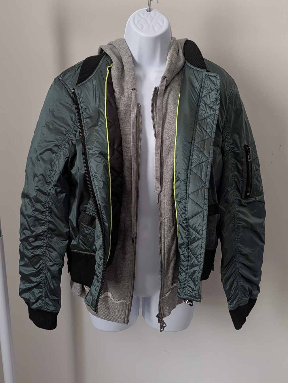 Men's Quilted Bomber Jacket in Deep Green with Grey Hoodie Layer